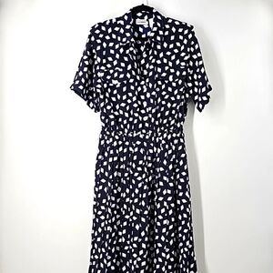 Vintage Leslie Fay Pleated Flowy Shirt Dress Diamond Fabric+Faux Pockets